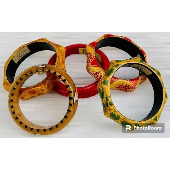 Vintage 5 PC Set Wooden Hand Painted Boho Bangles From India - Picture 1 of 13